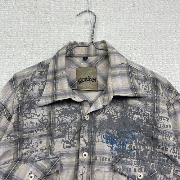 Y2K Manfred Plaid Button Up Shirt Goth Punk Doodle Script Graphic AOP Mens L - Picture 2 of 13